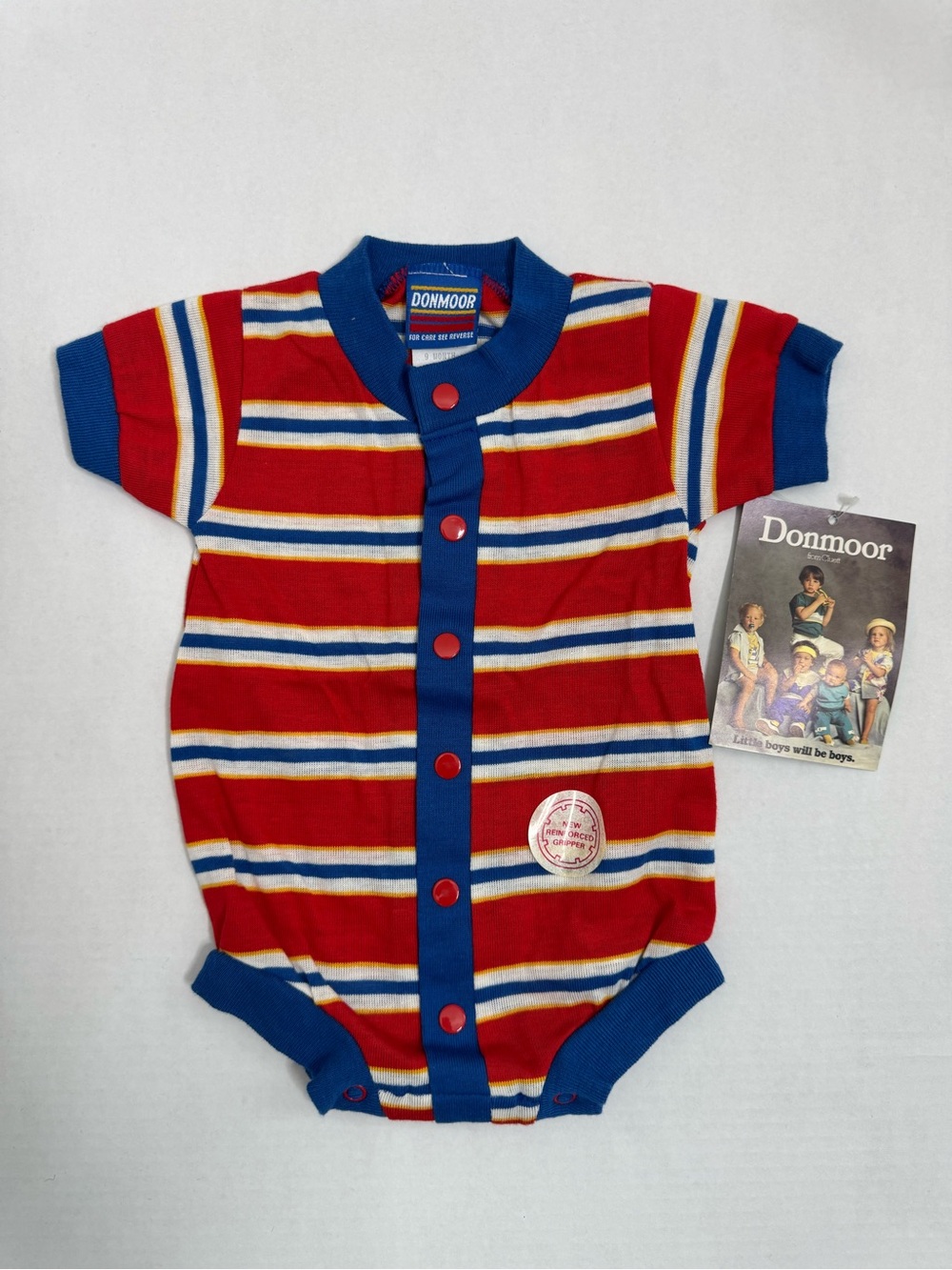 Vintage Donmoor Red Striped Baby One-Piece with Blue Trim